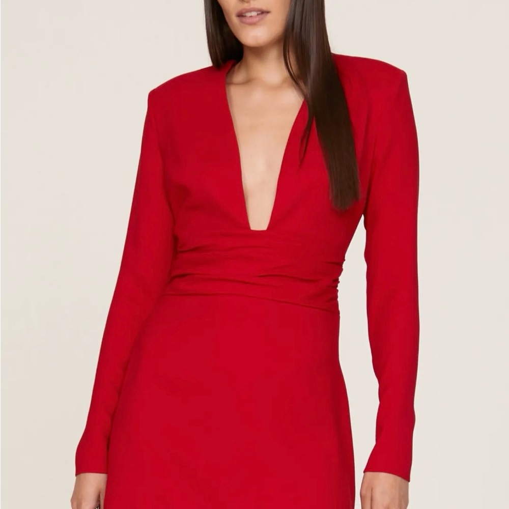 Red Ruched Plunge Neck Long Sleeve Sheath Dress